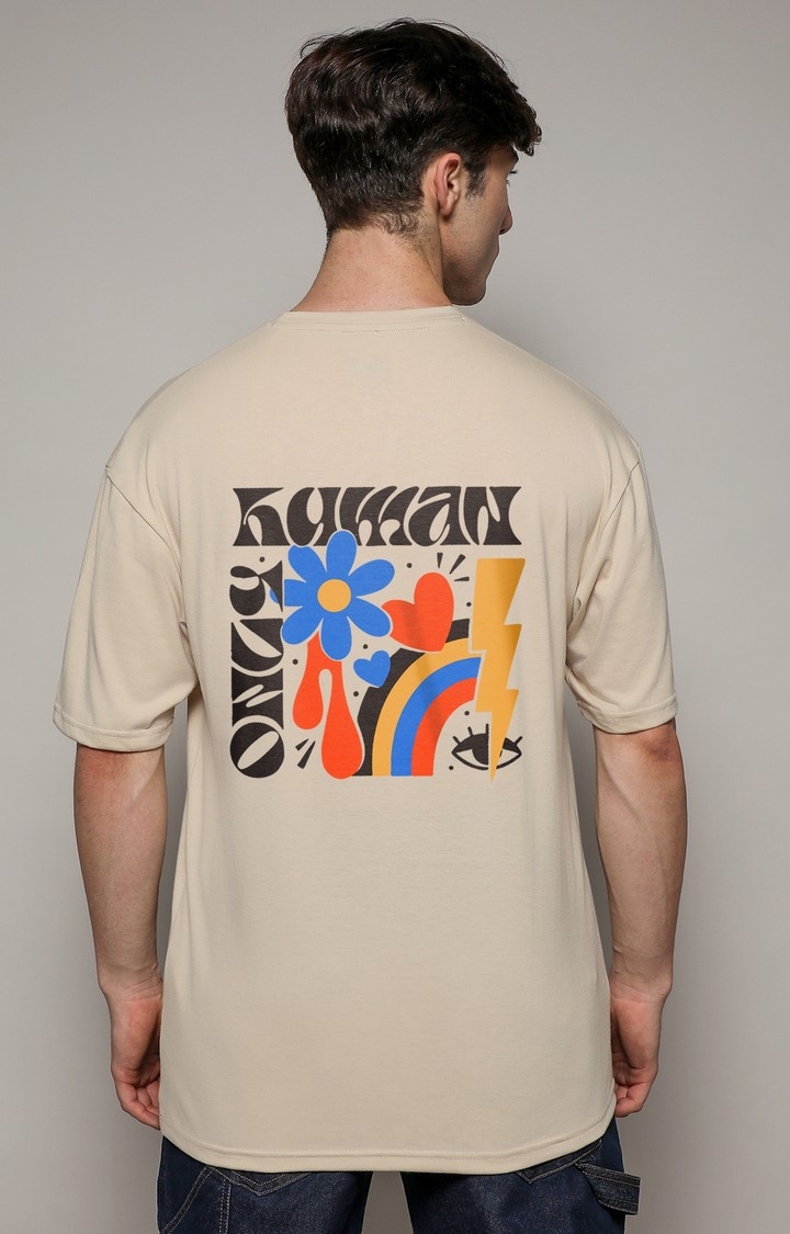 Men's Beige Printed Oversized T-Shirt