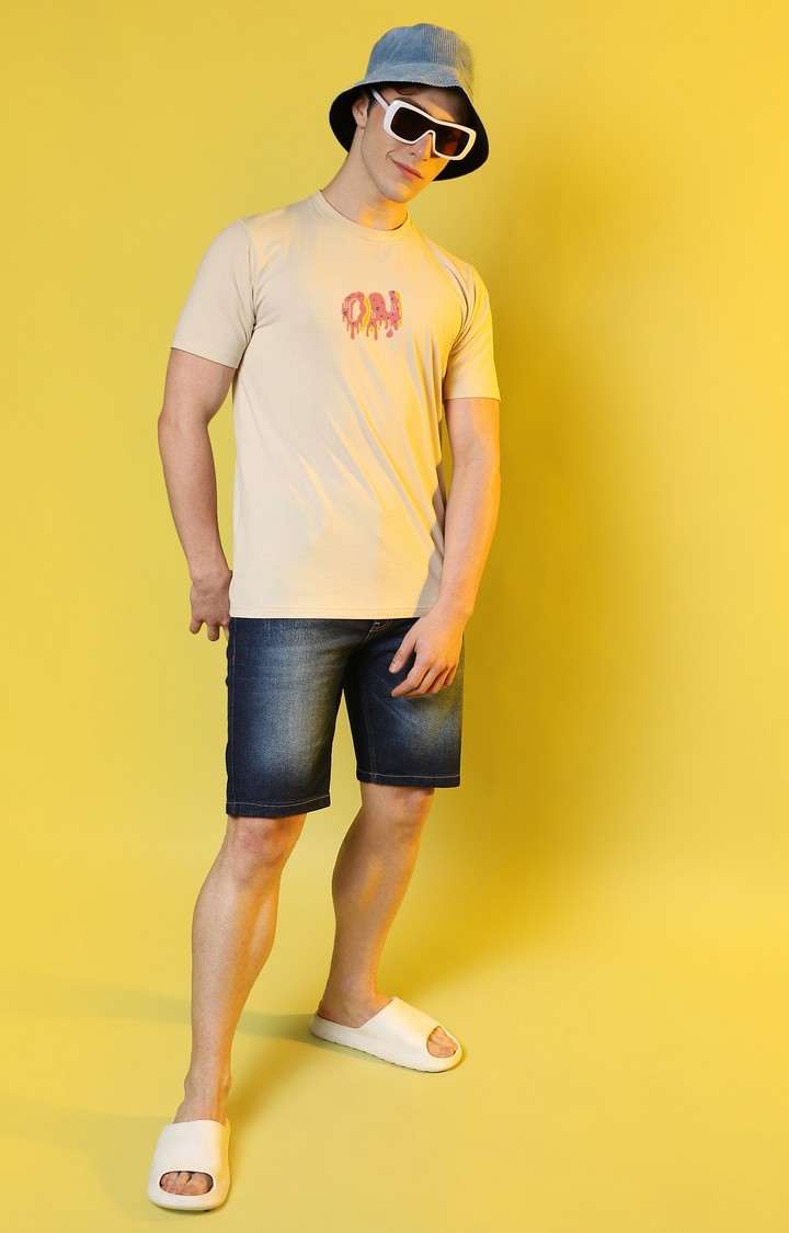 Men's Beige Printed Regular T-Shirts