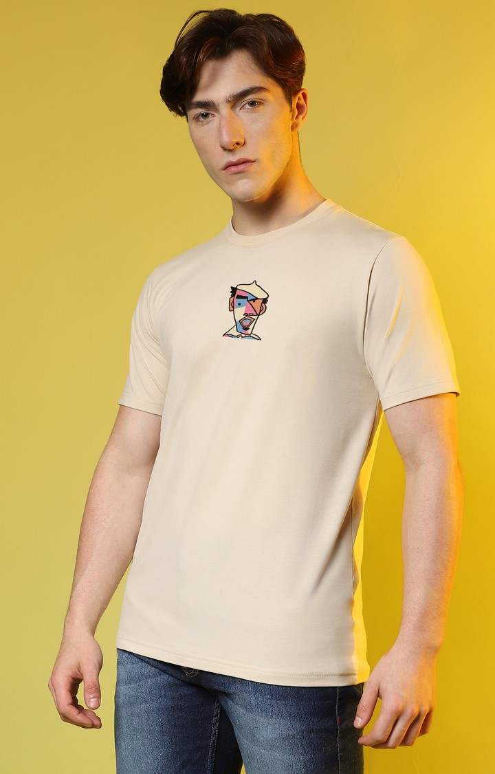 Men's Beige Graphics Regular T-Shirts
