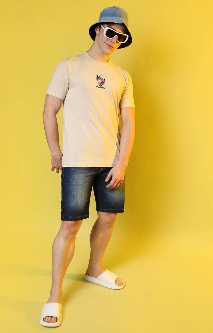 Men's Beige Graphics Regular T-Shirts