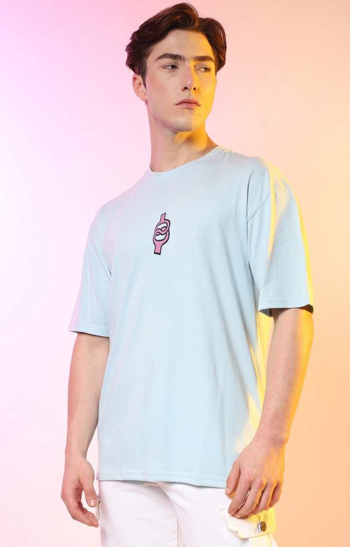 Men's Powder Blue Printed Oversized T-Shirt