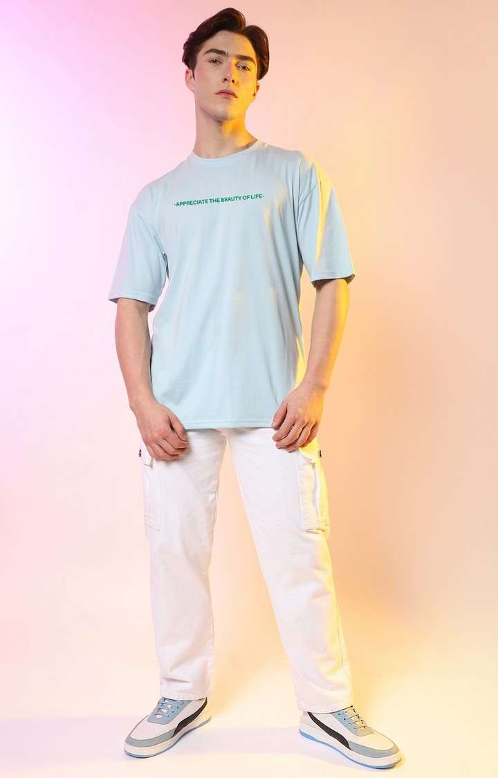 Men's Powder Blue Printed Oversized T-Shirt