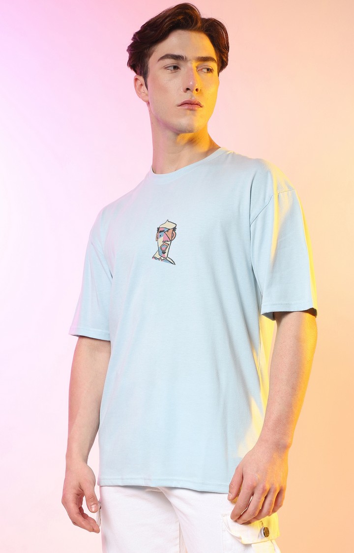 Men's Powder Blue Printed Oversized T-Shirt