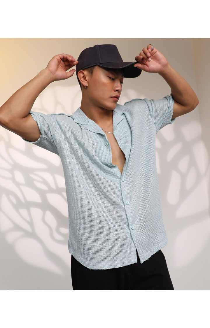 Men's Blue Textured Oversized Shirts