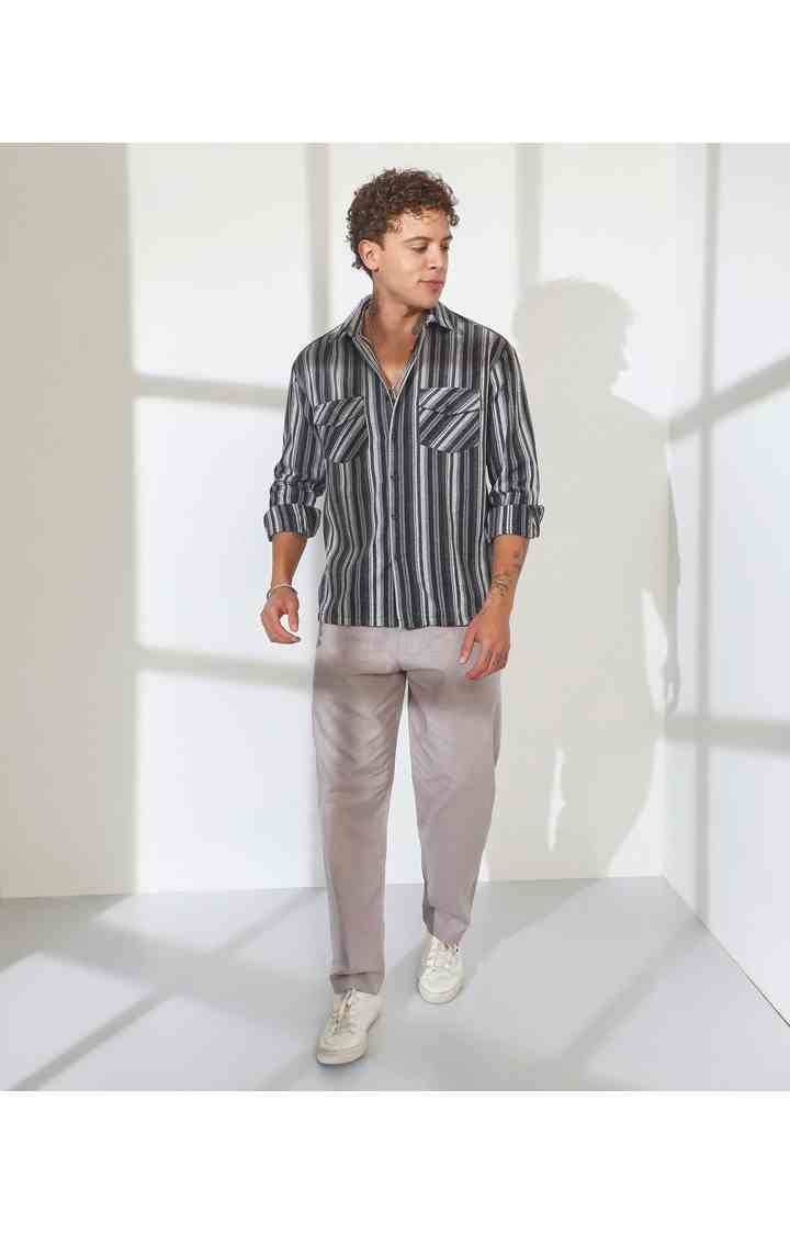 Men's Grey Striped Oversized Shirts