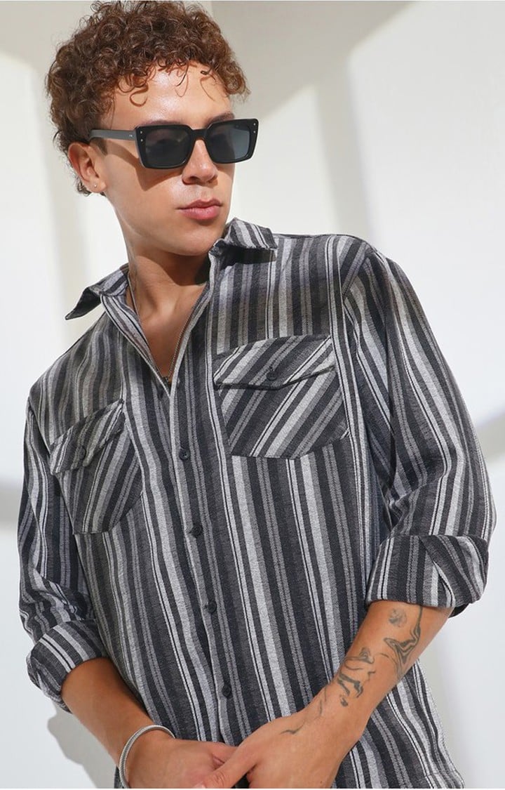 Men's Grey Striped Oversized Shirts