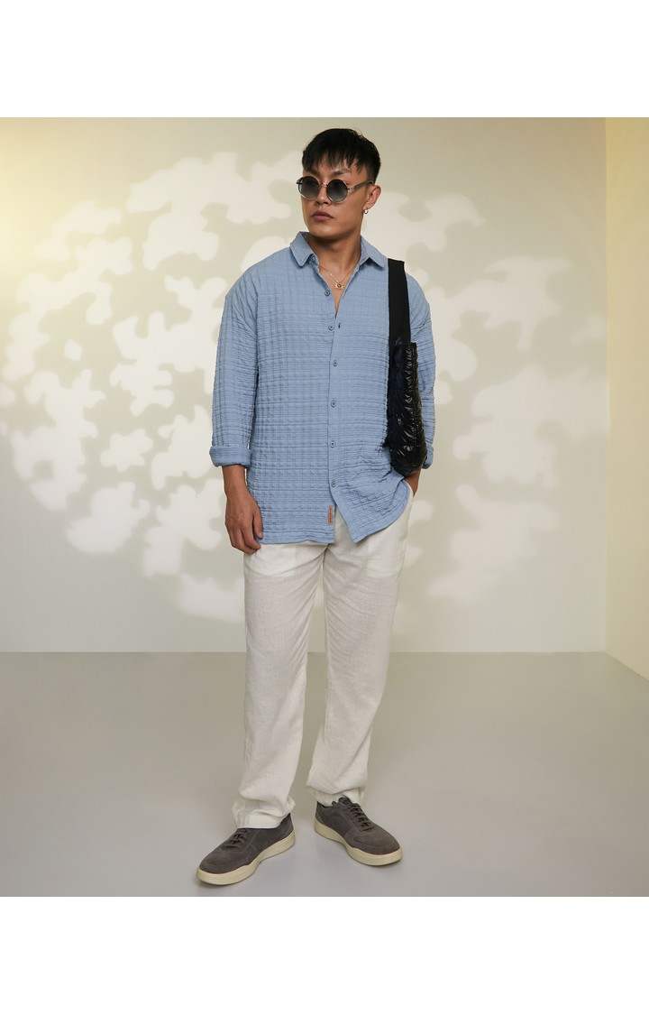 Men's Blue Textured Oversized Shirts