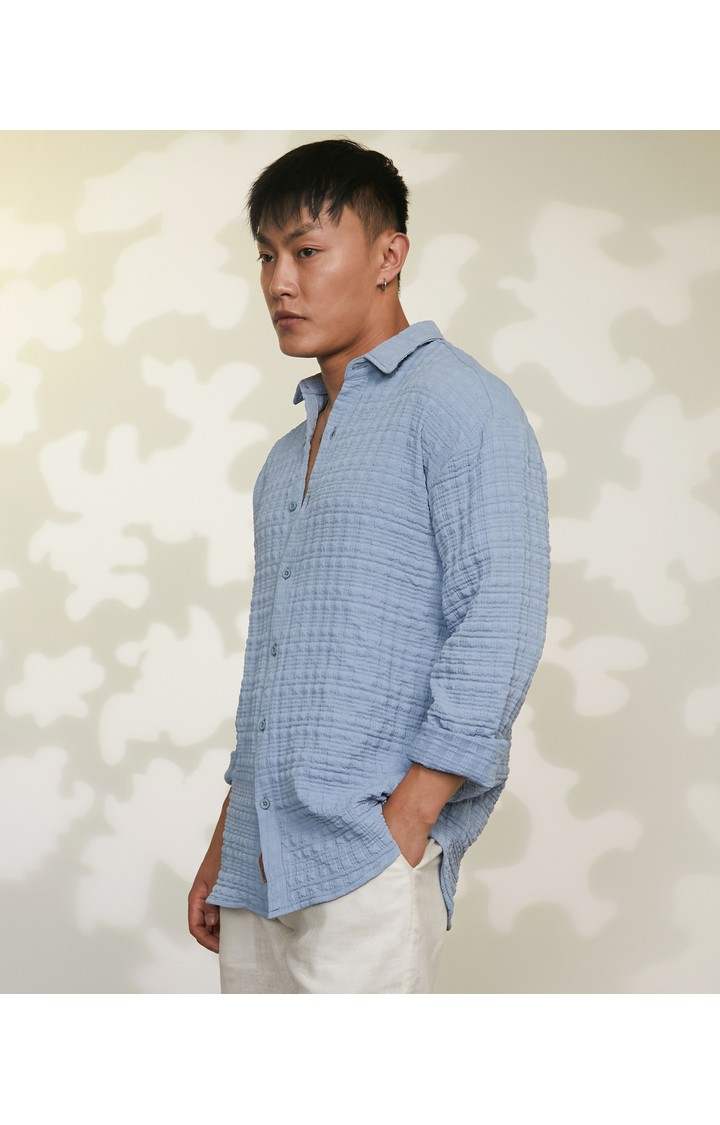 Men's Blue Textured Oversized Shirts
