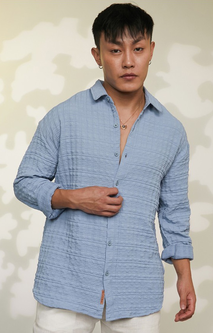 Men's Blue Textured Oversized Shirts