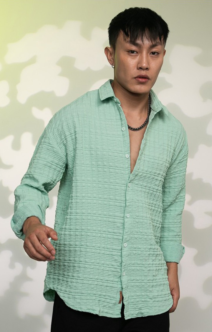 Men's Green Textured Oversized Shirts