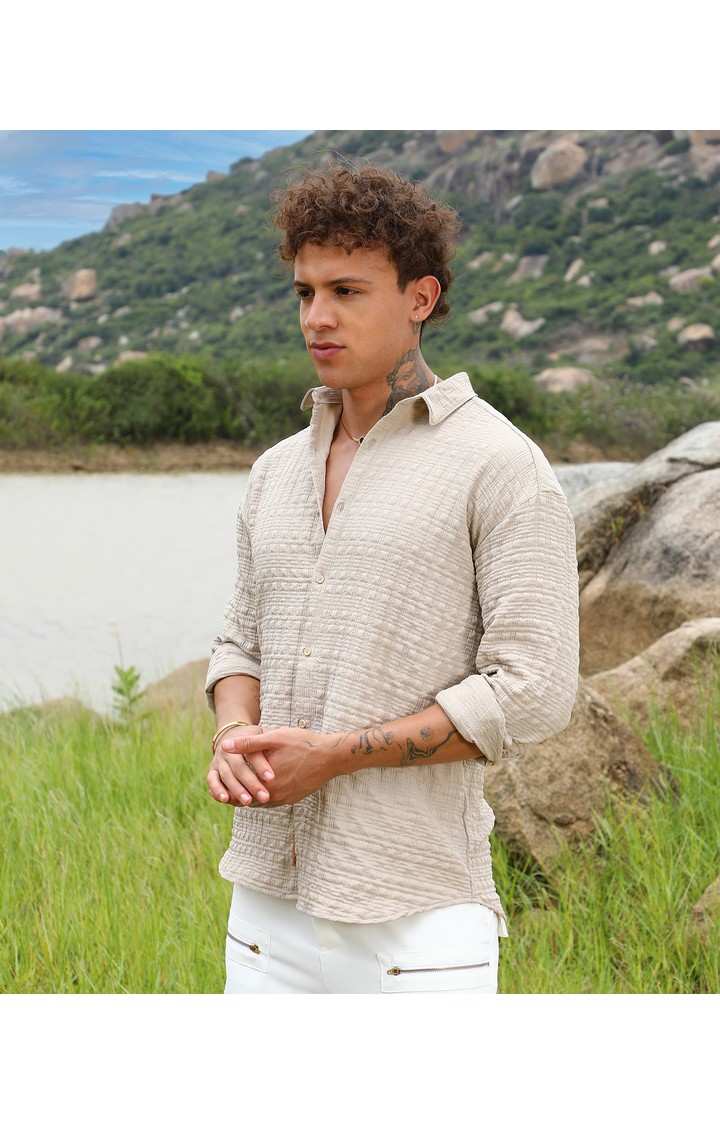 Men's Beige Solid Casual Shirts