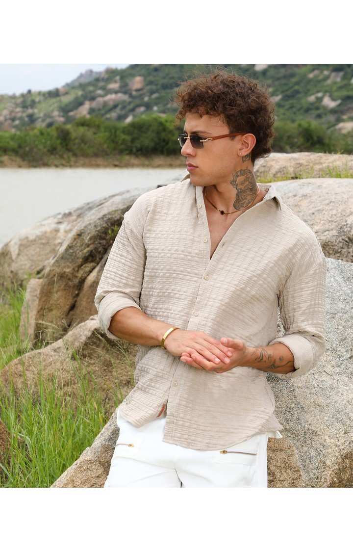 Men's Beige Solid Casual Shirts