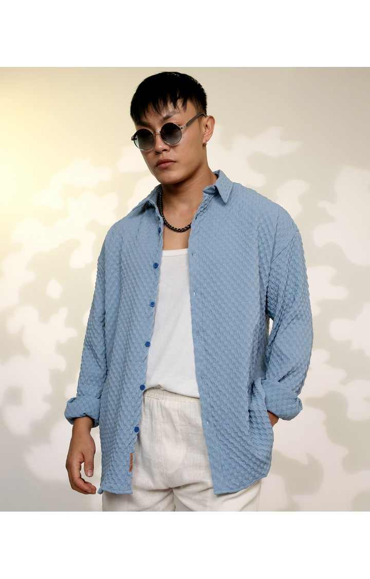Men's Blue Textured Oversized Shirts