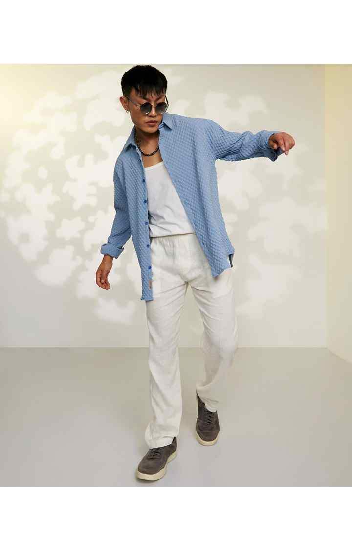 Men's Blue Textured Oversized Shirts