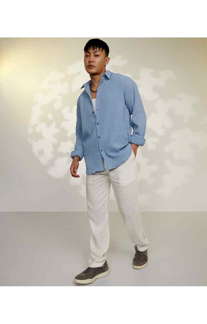 Men's Blue Textured Oversized Shirts