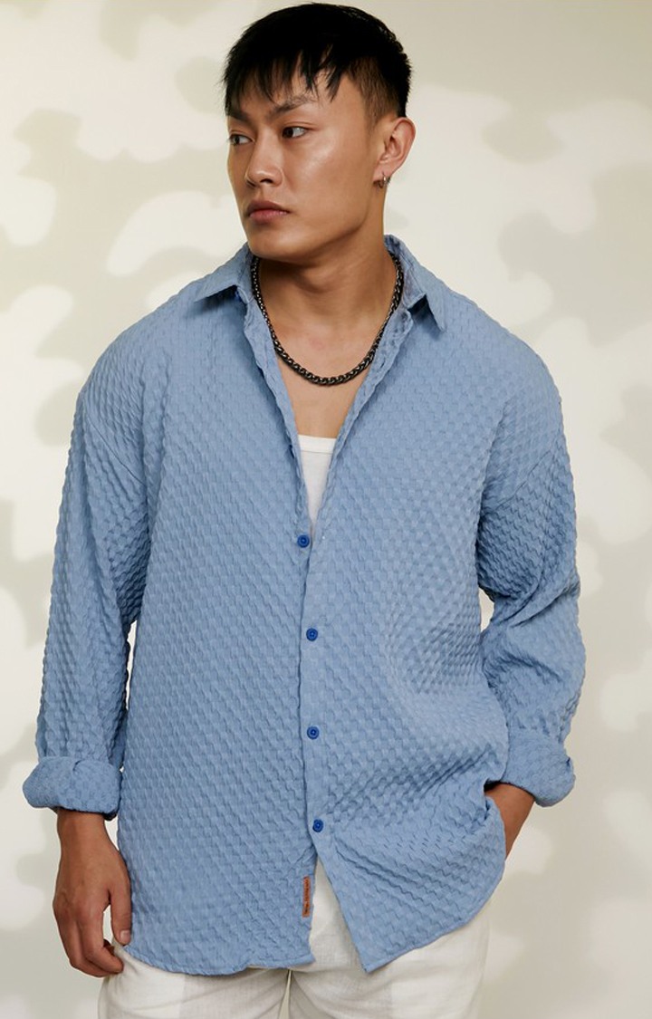 Men's Blue Textured Oversized Shirts