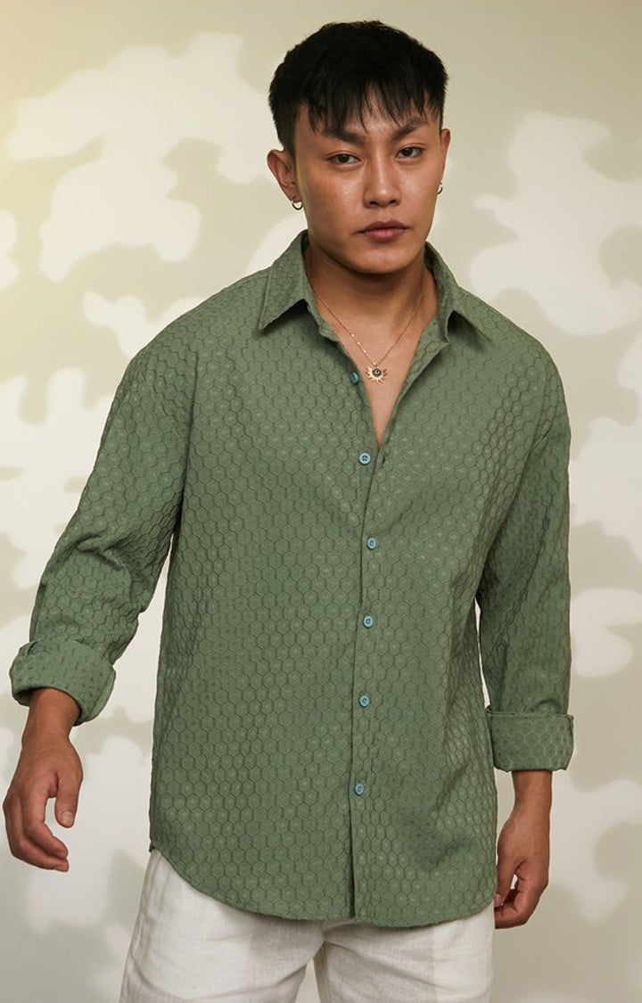 Men's Green Textured Oversized Shirts