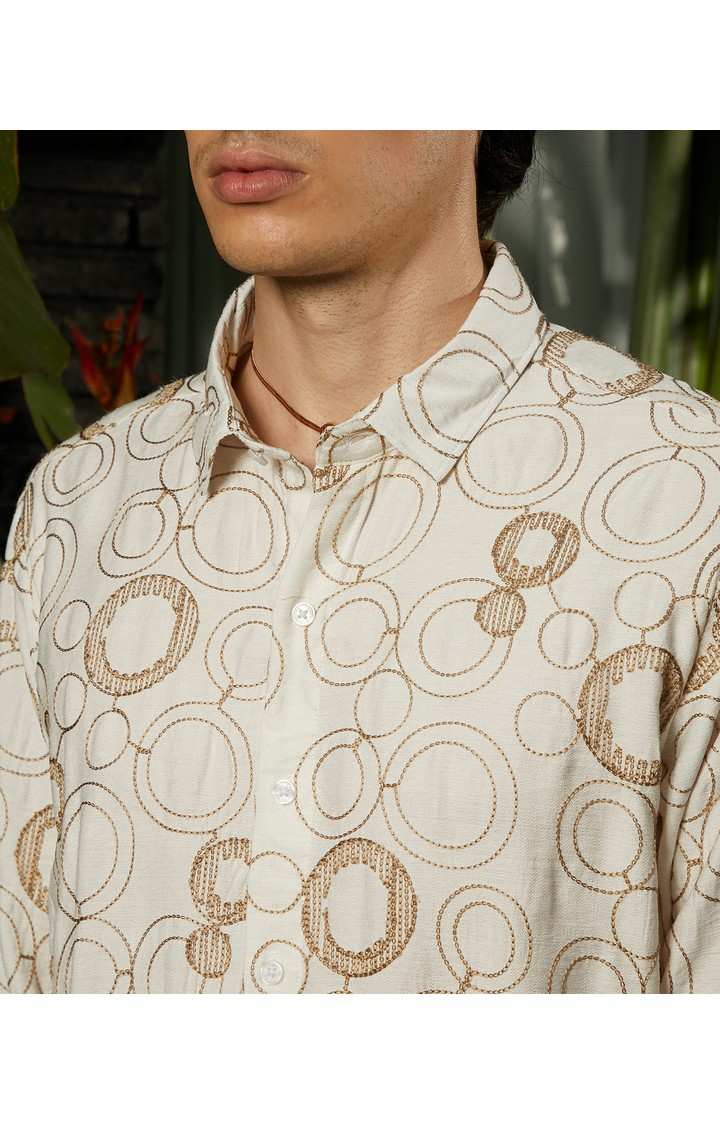Men's Beige Embroidered Casual Shirts