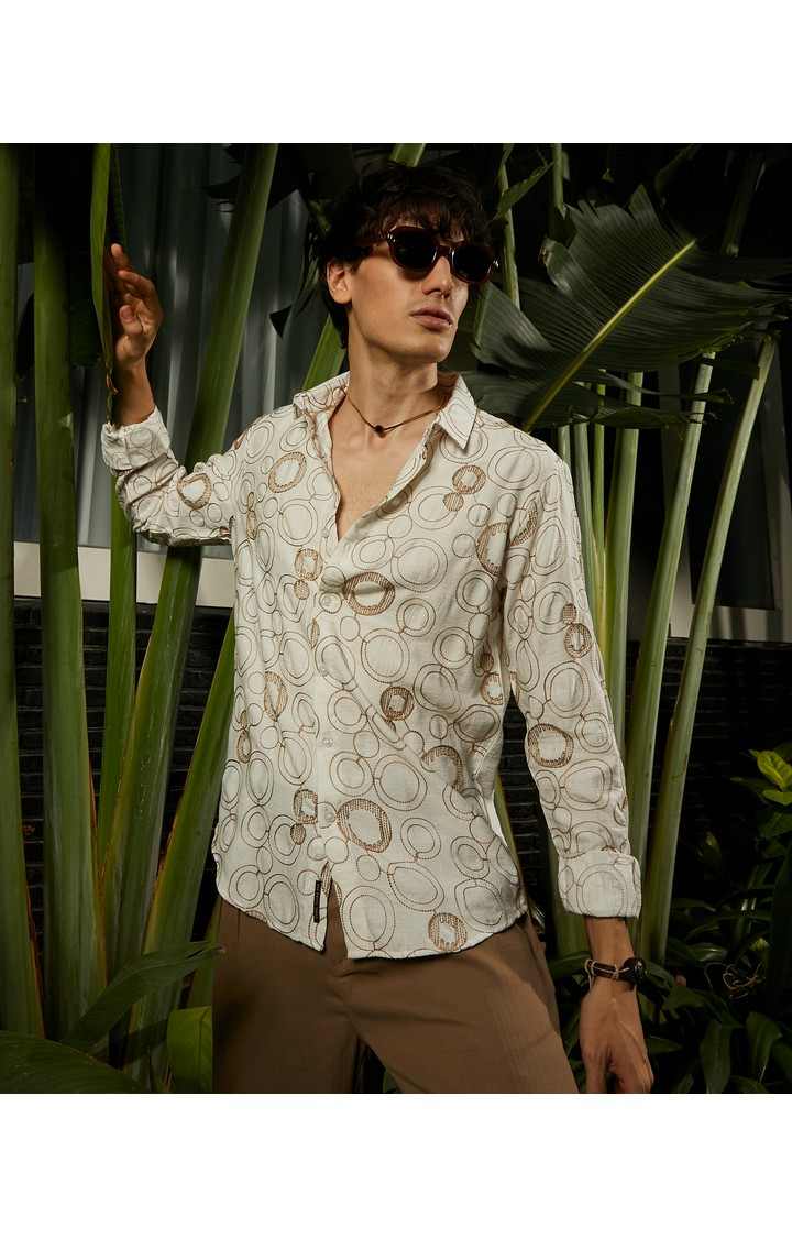 Men's Beige Embroidered Casual Shirts
