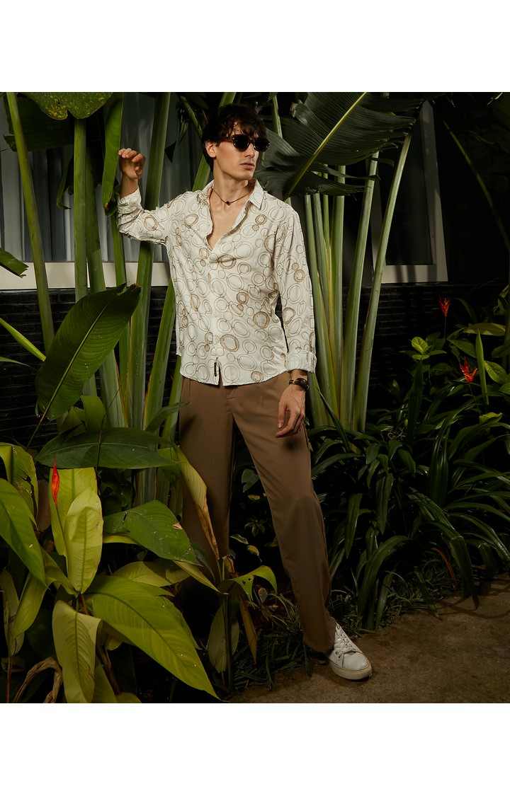 Men's Beige Embroidered Casual Shirts