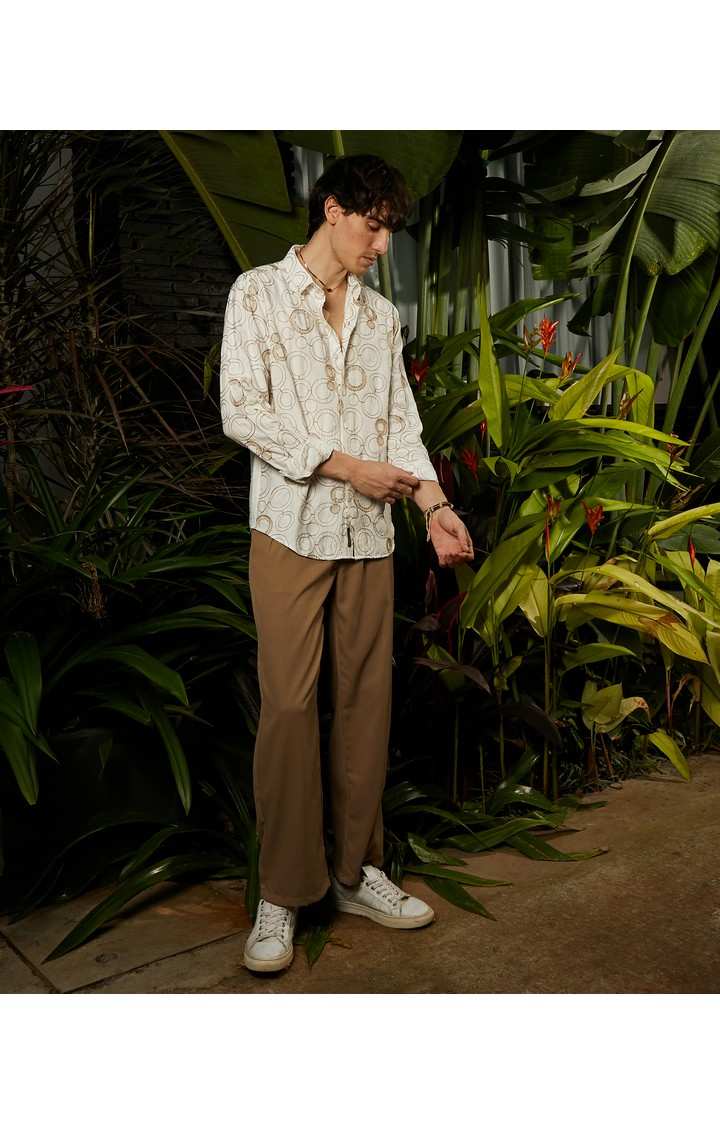 Men's Beige Embroidered Casual Shirts