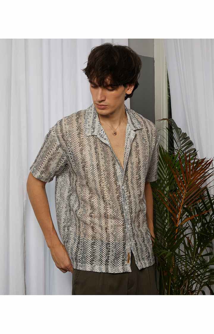 Men's Beige Printed Oversized Shirts
