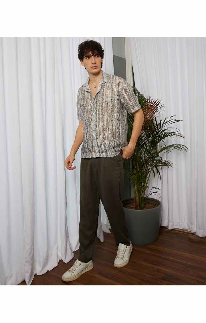 Men's Beige Printed Oversized Shirts