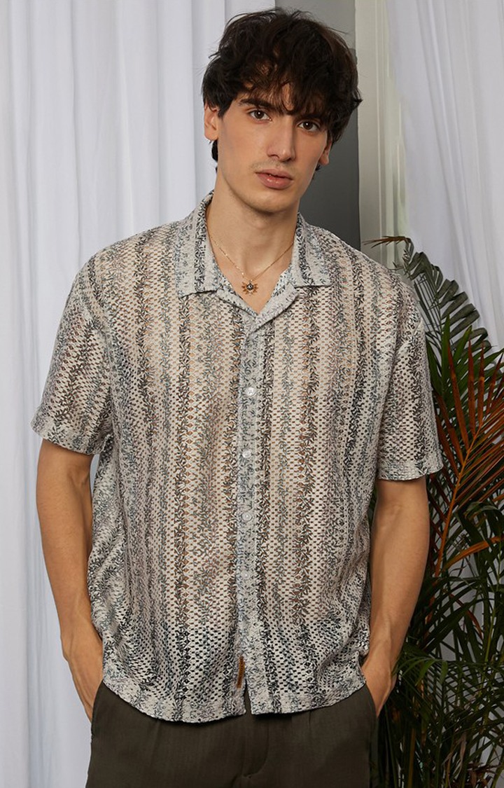 Men's Beige Printed Oversized Shirts