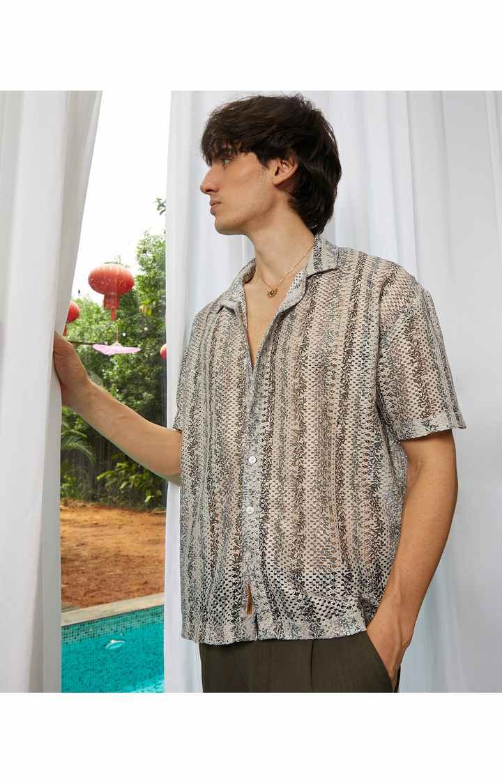 Men's Beige Printed Oversized Shirts