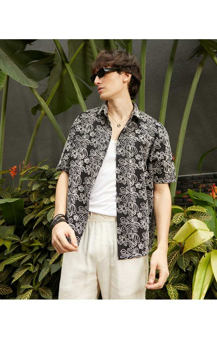Men's Black Printed Oversized Shirts