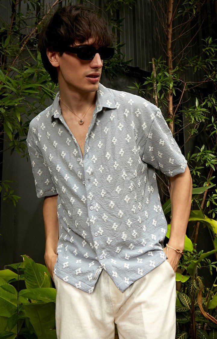 Men's Blue Printed Oversized Shirts