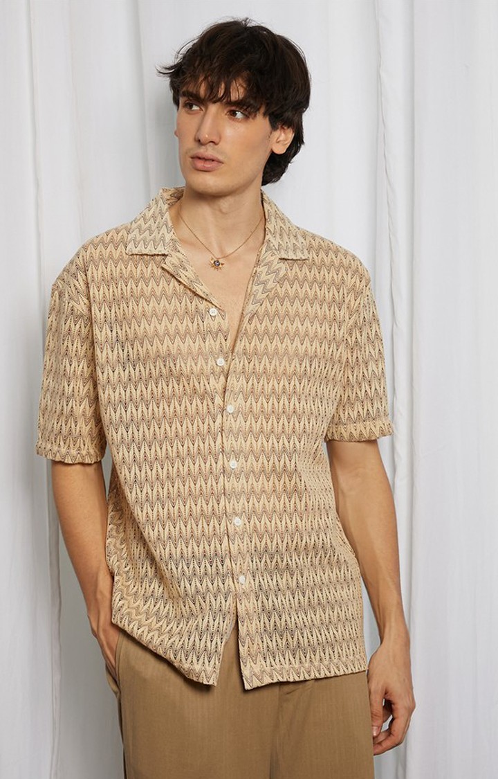 Men's Beige Textured Oversized Shirts