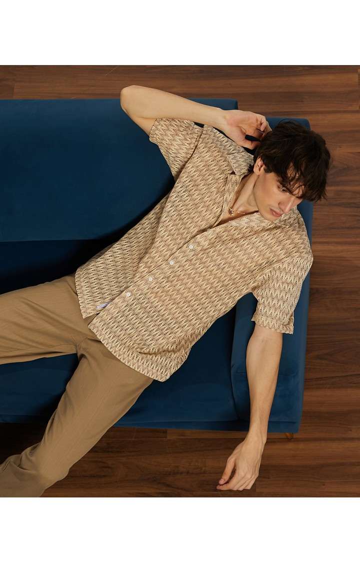 Men's Beige Textured Oversized Shirts