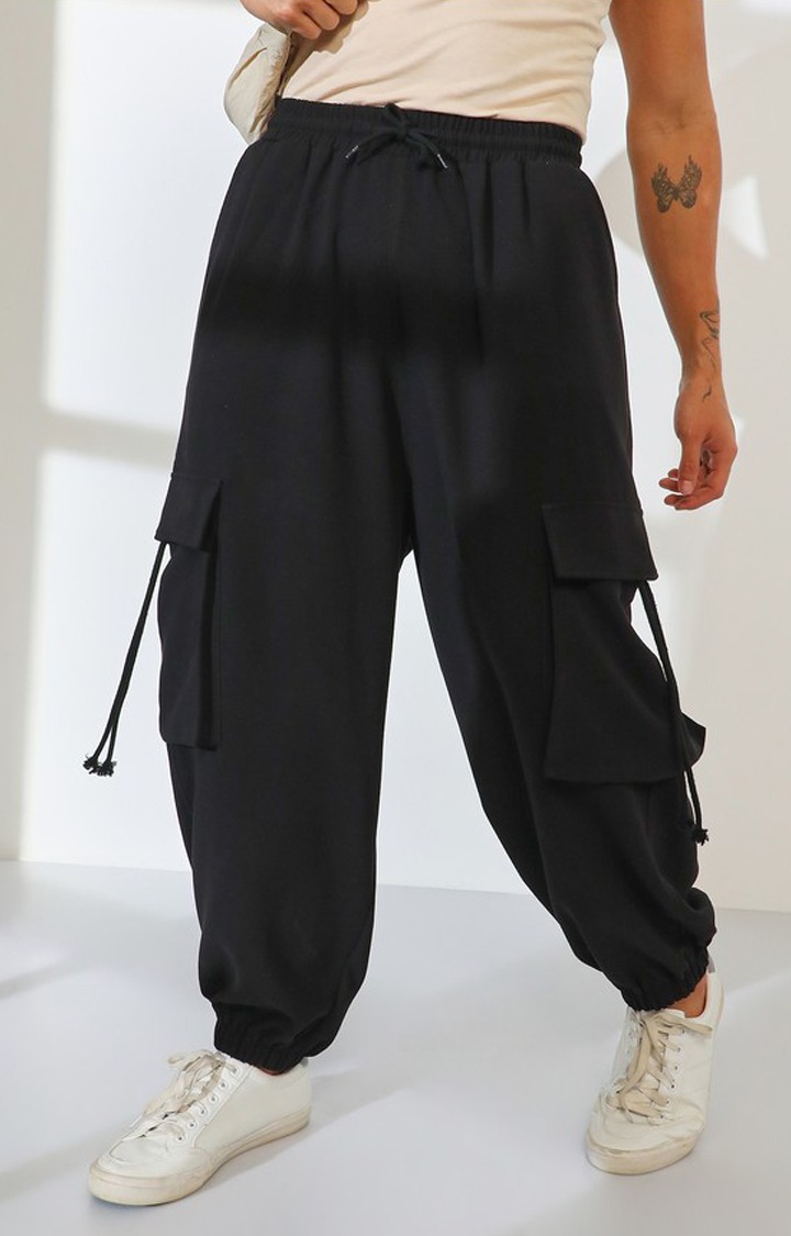 Men's Charcoal Black Solid Polycotton Cargos