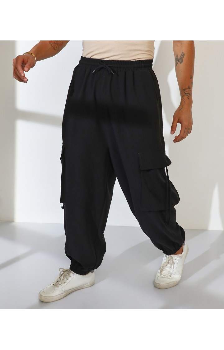 Men's Charcoal Black Solid Polycotton Cargos