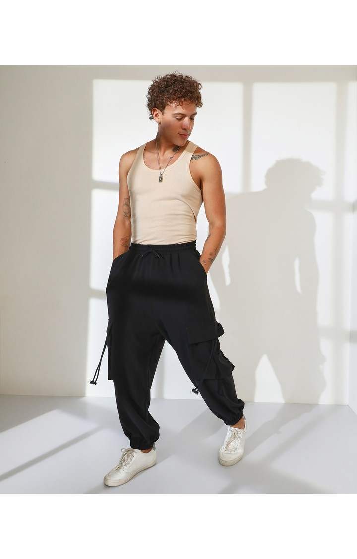 Men's Charcoal Black Solid Polycotton Cargos