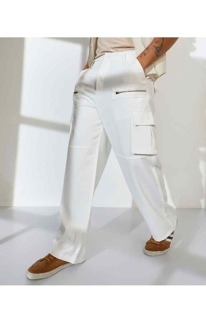 Men's Chalk White Solid Polycotton Cargos