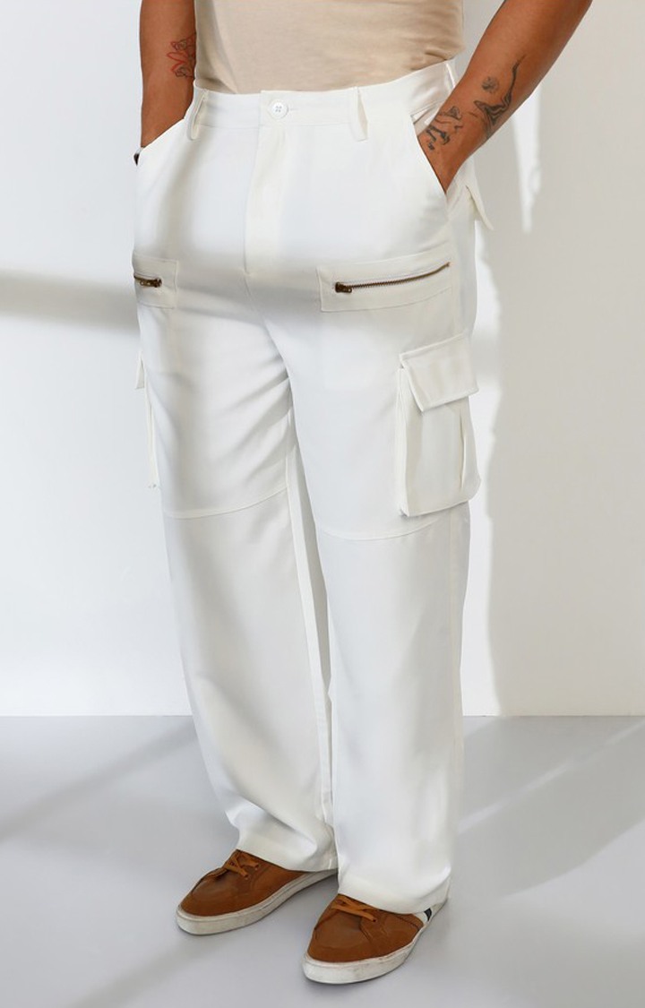 Men's Chalk White Solid Polycotton Cargos