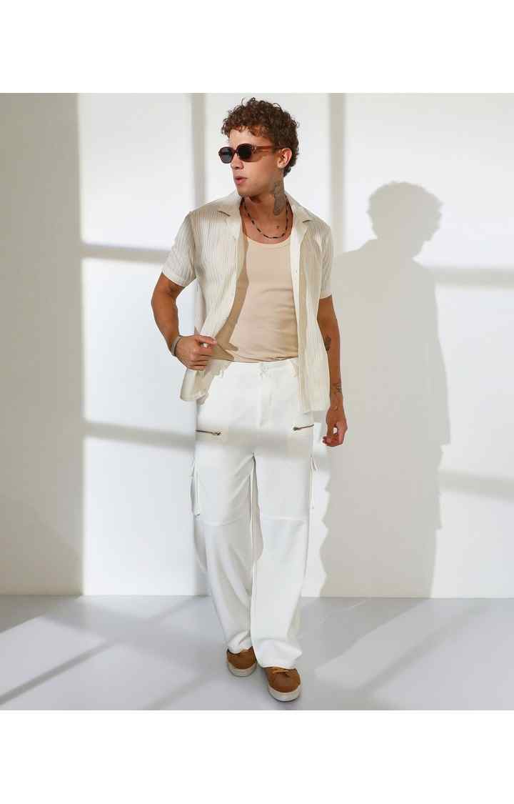 Men's Chalk White Solid Polycotton Cargos