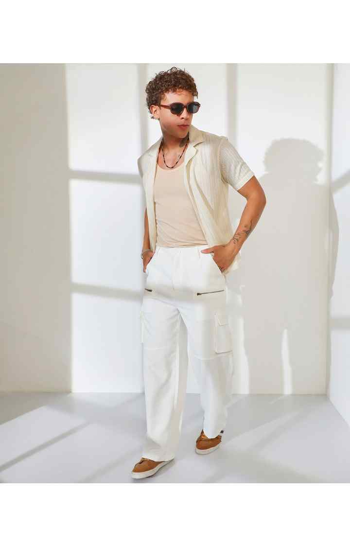 Men's Chalk White Solid Polycotton Cargos