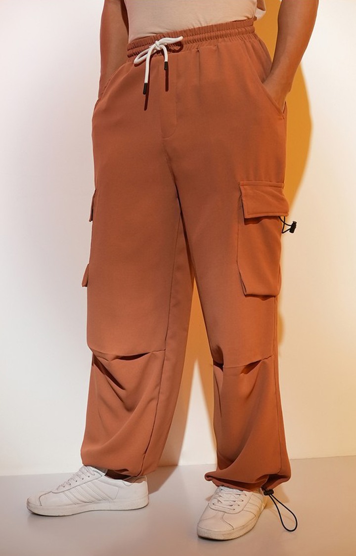 Men's Sienna Brown Solid Polyester Cargos
