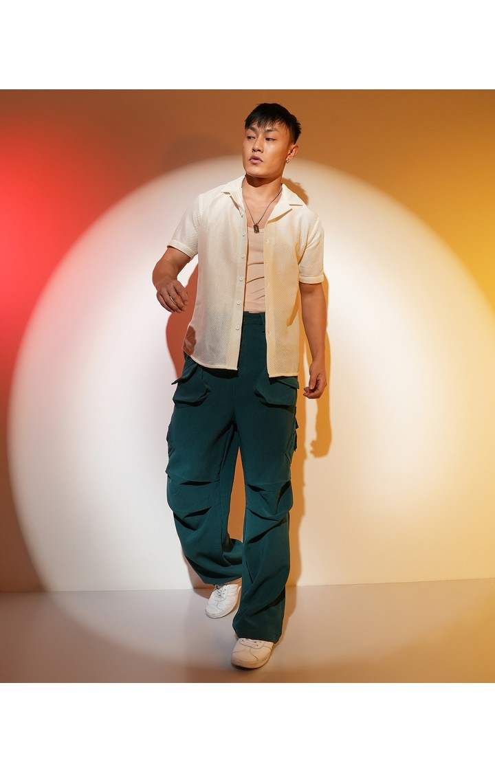 Men's Emerald Green Solid Polyester Cargos