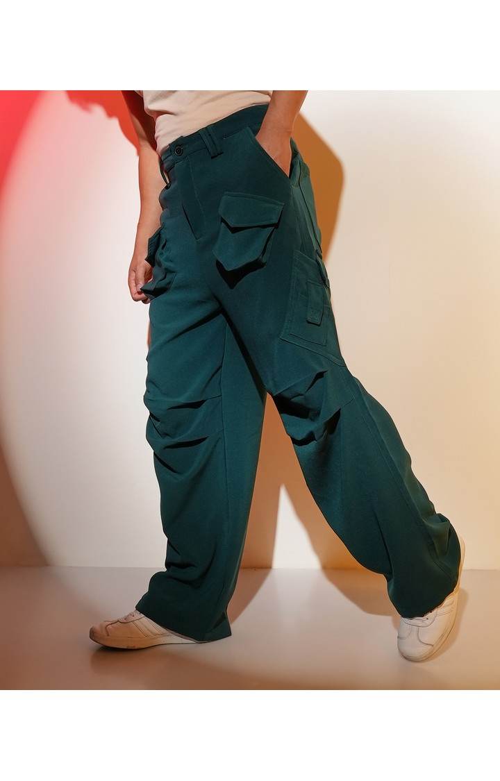 Men's Emerald Green Solid Polyester Cargos