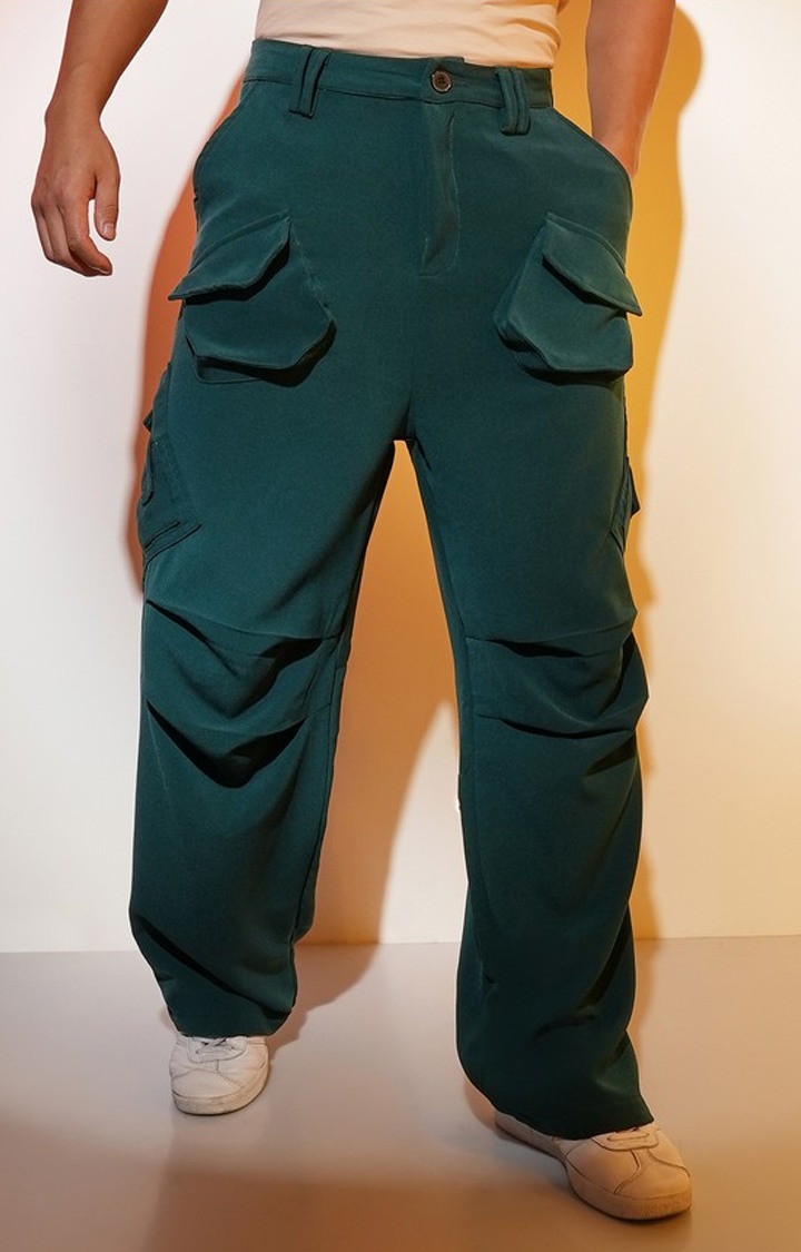 Men's Emerald Green Solid Polyester Cargos