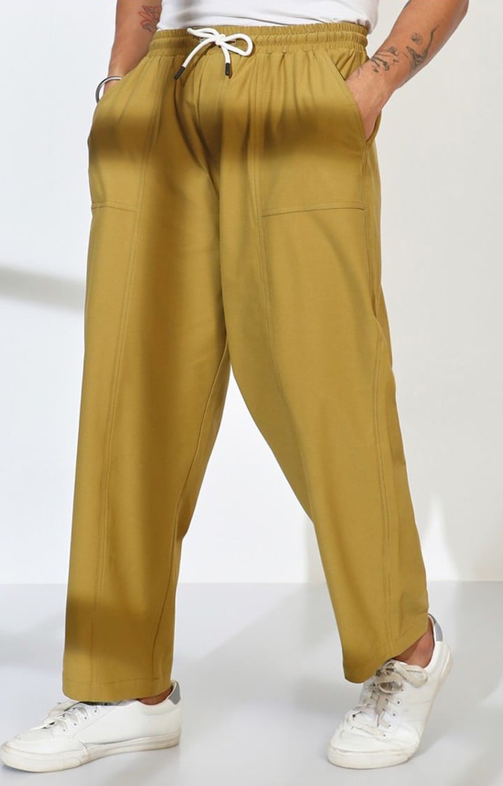 Men's Yellow Ochre Solid Polyester Trousers