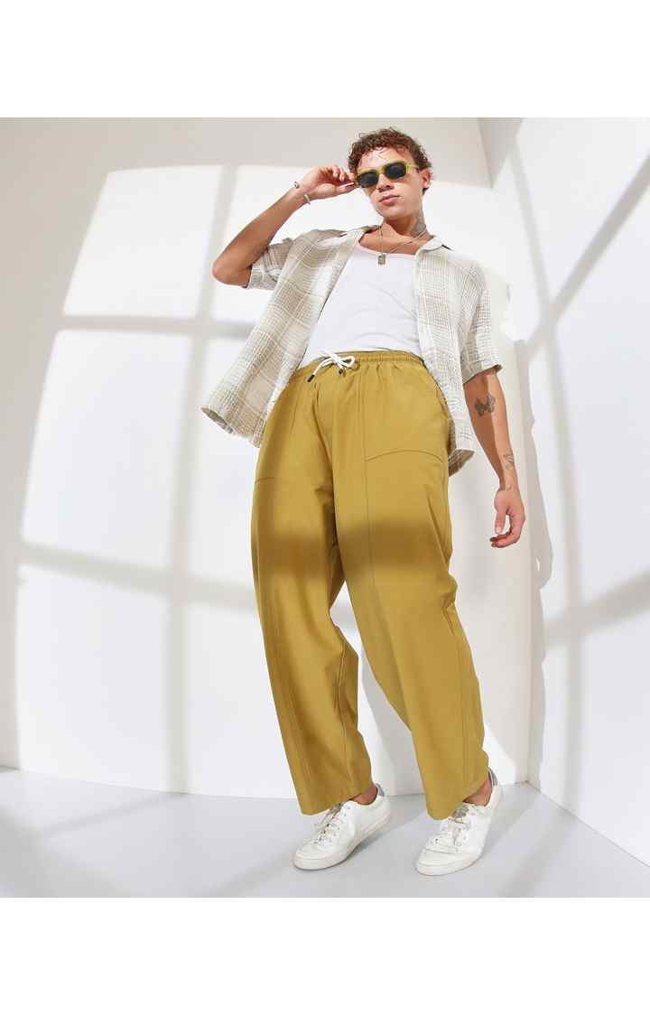 Men's Yellow Ochre Solid Polyester Trousers