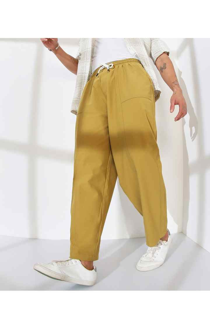 Men's Yellow Ochre Solid Polyester Trousers