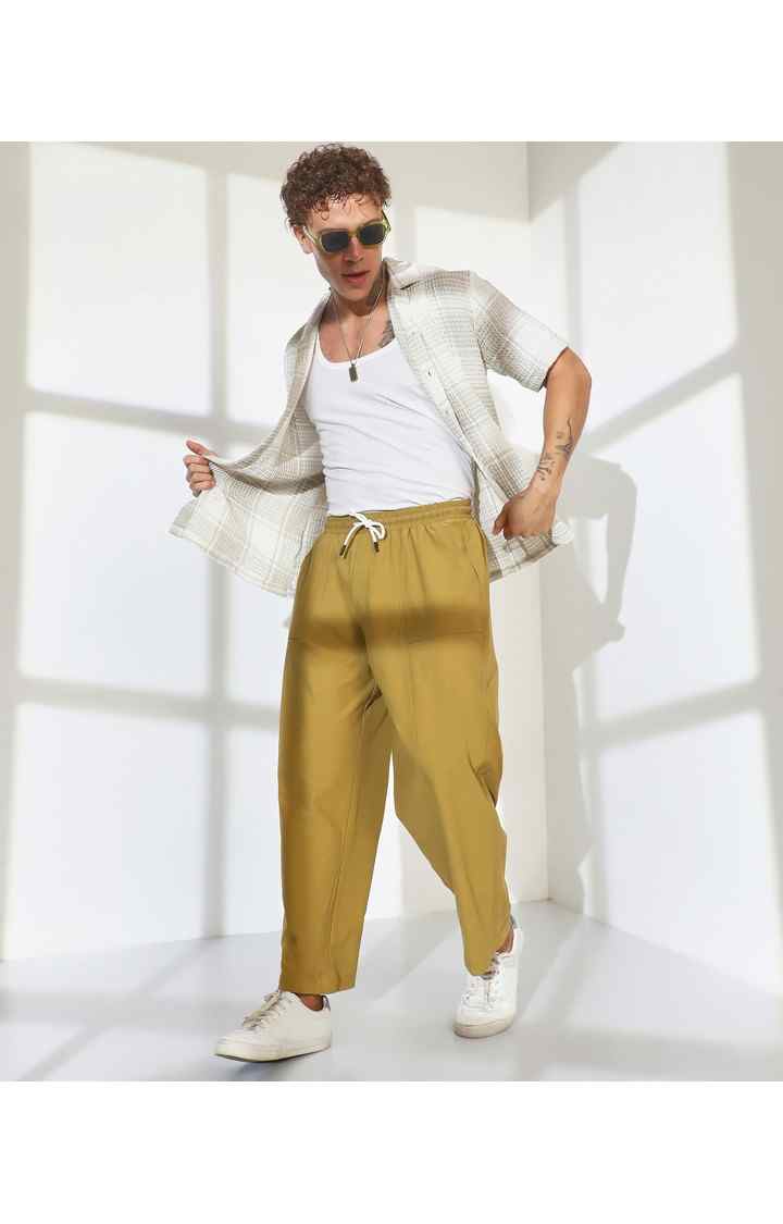 Men's Yellow Ochre Solid Polyester Trousers