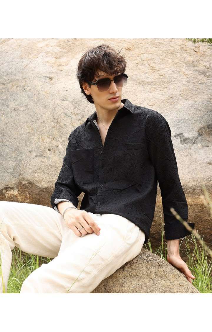 Men's Black Solid Oversized Shirts