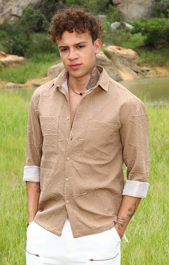 Men's Beige Solid Oversized Shirts